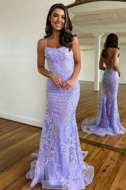 Exquisite Lilac Long Prom Dress With Spaghetti Straps Lace Up Closure And Appliques AD751