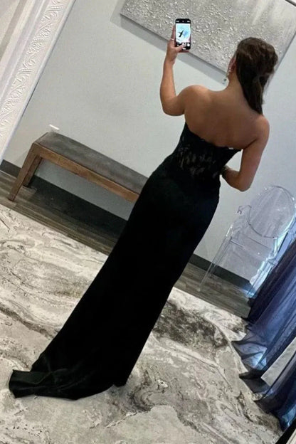 Black Chic Mermaid Prom Dress With Sweetheart Design Long Satin Skirt And Slit AD752