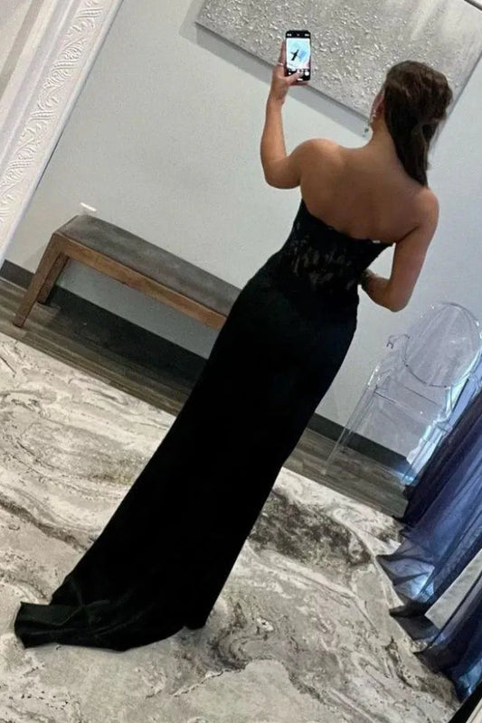 Black Chic Mermaid Prom Dress With Sweetheart Design Long Satin Skirt And Slit AD752