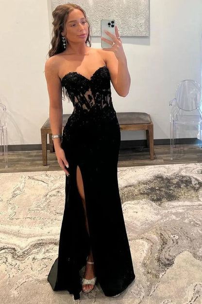 Black Chic Mermaid Prom Dress With Sweetheart Design Long Satin Skirt And Slit AD752