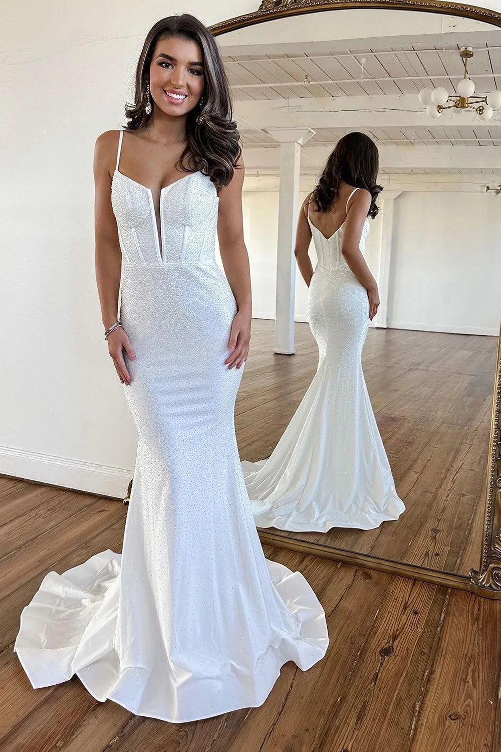 Shining Beaded Mermaid Prom Dress With Long Corset Bodice And Spaghetti Straps AD754