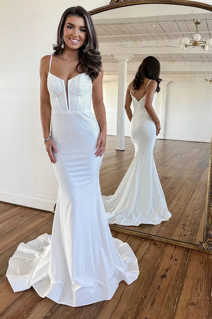 Shining Beaded Mermaid Prom Dress With Long Corset Bodice And Spaghetti Straps AD754