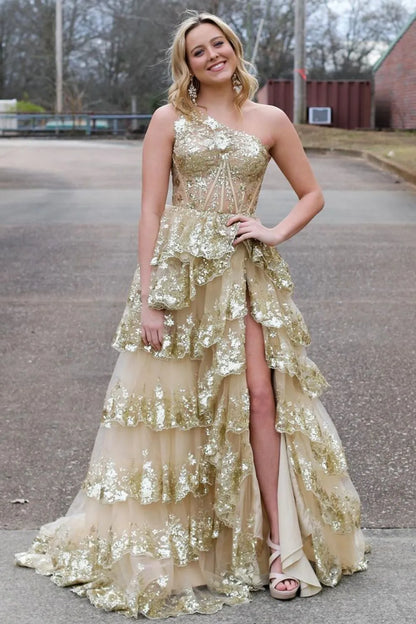 Sparkly Black Prom Dress With One Shoulder Tiered Sequin Layers And Thigh High Slit AD755