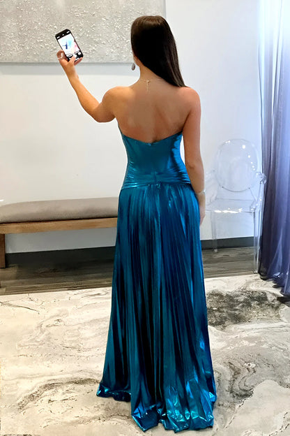 Peacock Blue Metallic A Line Prom Dress With Sweetheart Neckline And Leg Slit AD756