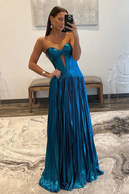 Peacock Blue Metallic A Line Prom Dress With Sweetheart Neckline And Leg Slit AD756
