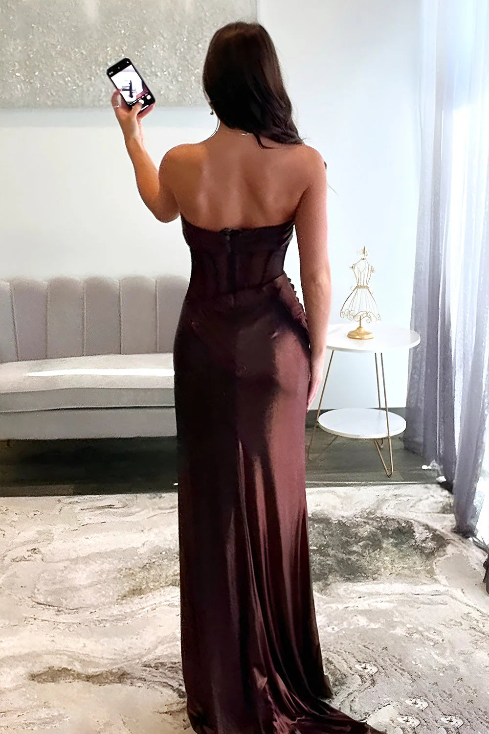Brown Strapless Mermaid Prom Dress With Long Metallic Silhouette And High Slit AD757