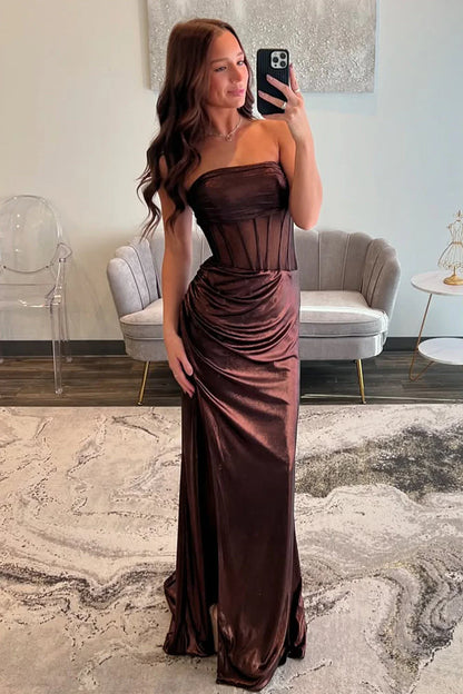Brown Strapless Mermaid Prom Dress With Long Metallic Silhouette And High Slit AD757