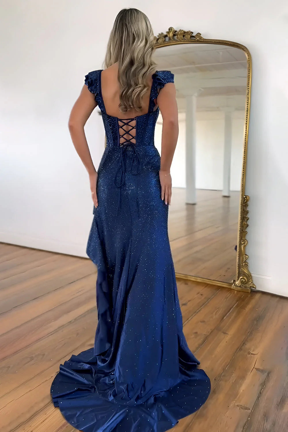 Glamorous Navy Blue Glitter Mermaid Prom Dress With Ruffle Shoulder Straps, Corset Bodice & High Slit Ruffled Train AD758