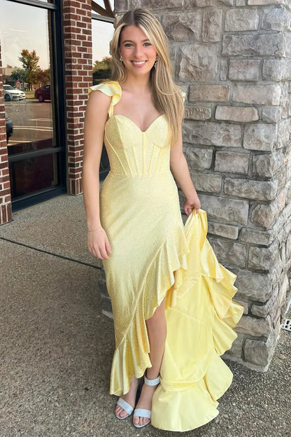 Glamorous Navy Blue Glitter Mermaid Prom Dress With Ruffle Shoulder Straps, Corset Bodice & High Slit Ruffled Train AD758