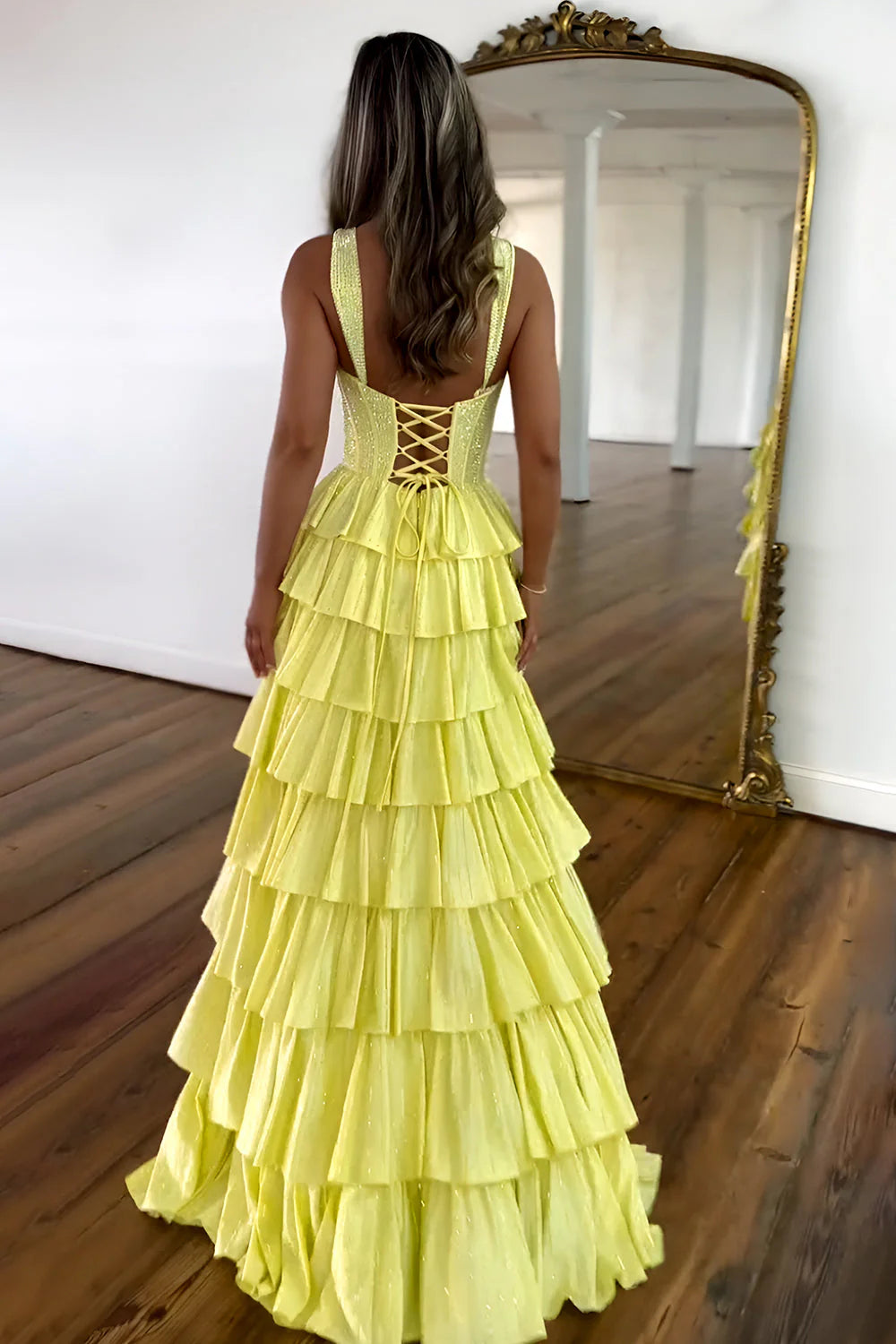 Yellow A Line Sparkly Prom Dress With Lace Up Back Tiered Skirt And Leg Slit AD759