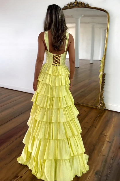 Yellow A Line Sparkly Prom Dress With Lace Up Back Tiered Skirt And Leg Slit AD759
