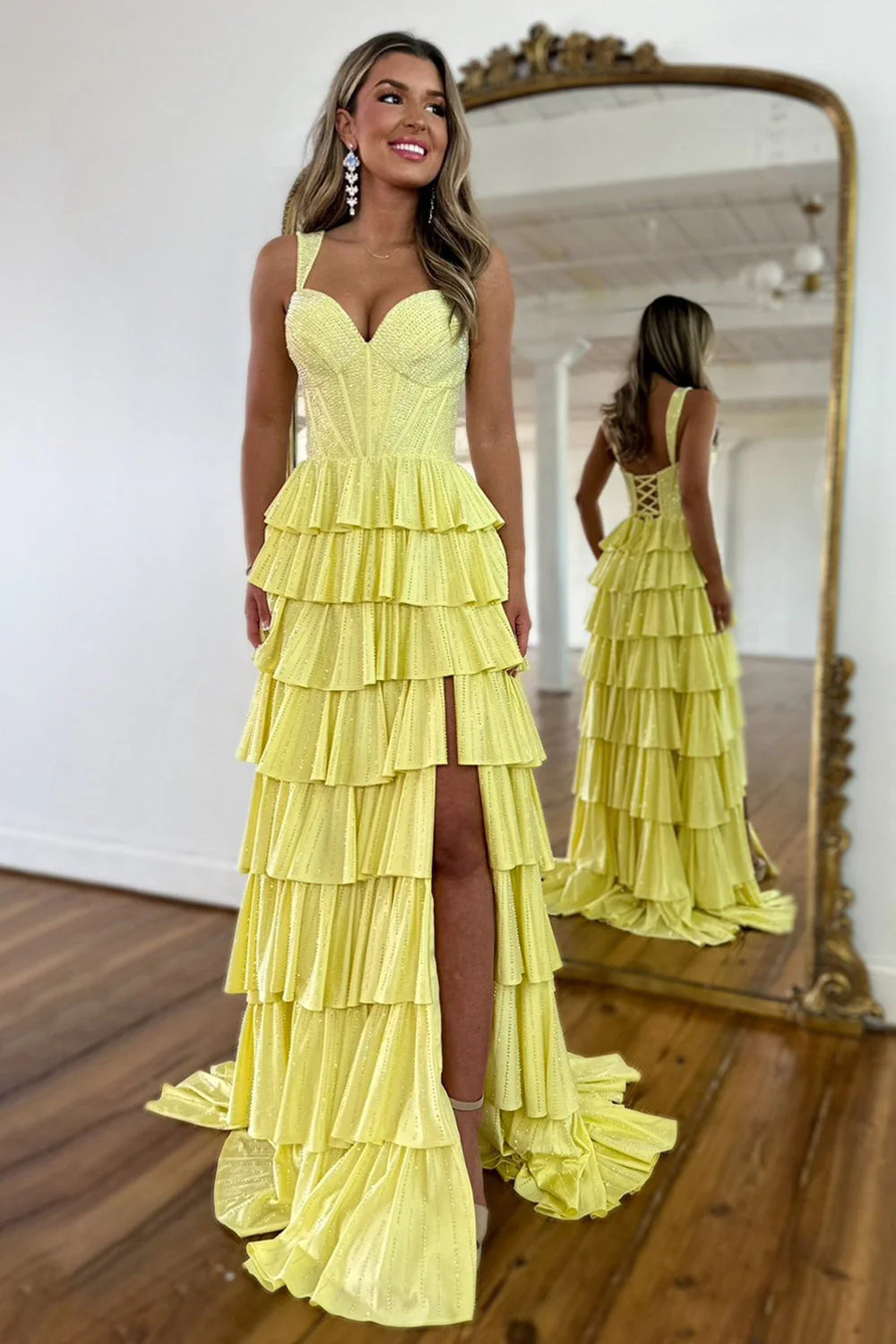 Yellow A Line Sparkly Prom Dress With Lace Up Back Tiered Skirt And Leg Slit AD759