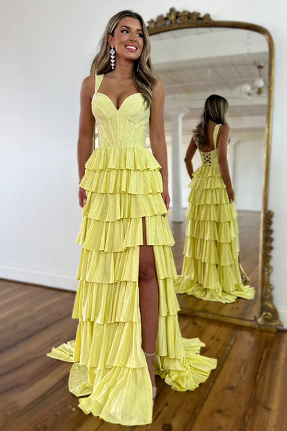 Yellow A Line Sparkly Prom Dress With Lace Up Back Tiered Skirt And Leg Slit AD759