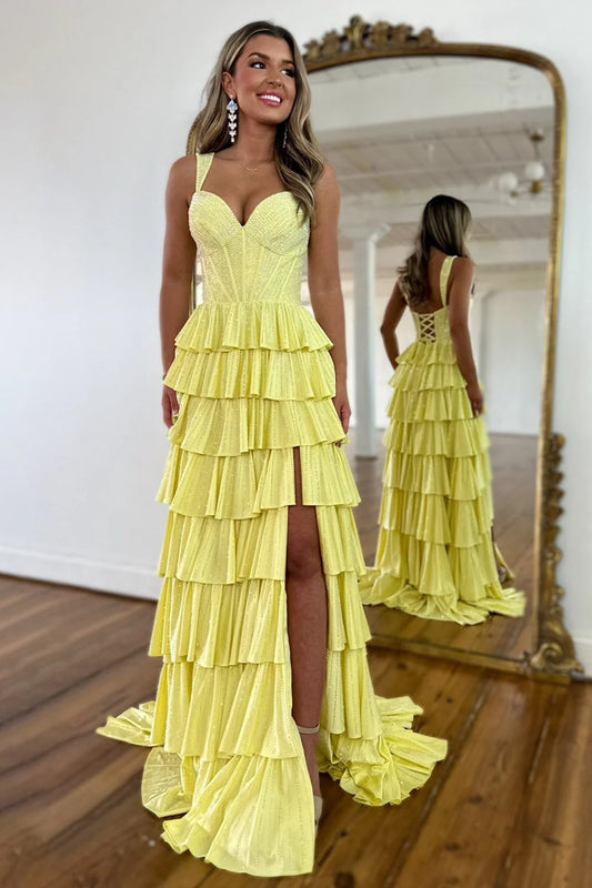Yellow A Line Sparkly Prom Dress With Lace Up Back Tiered Skirt And Leg Slit AD759