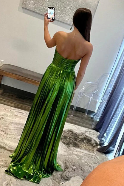 Green Pleated Metallic Prom Dress With Strapless Top A Line Shape And Leg Slit AD760