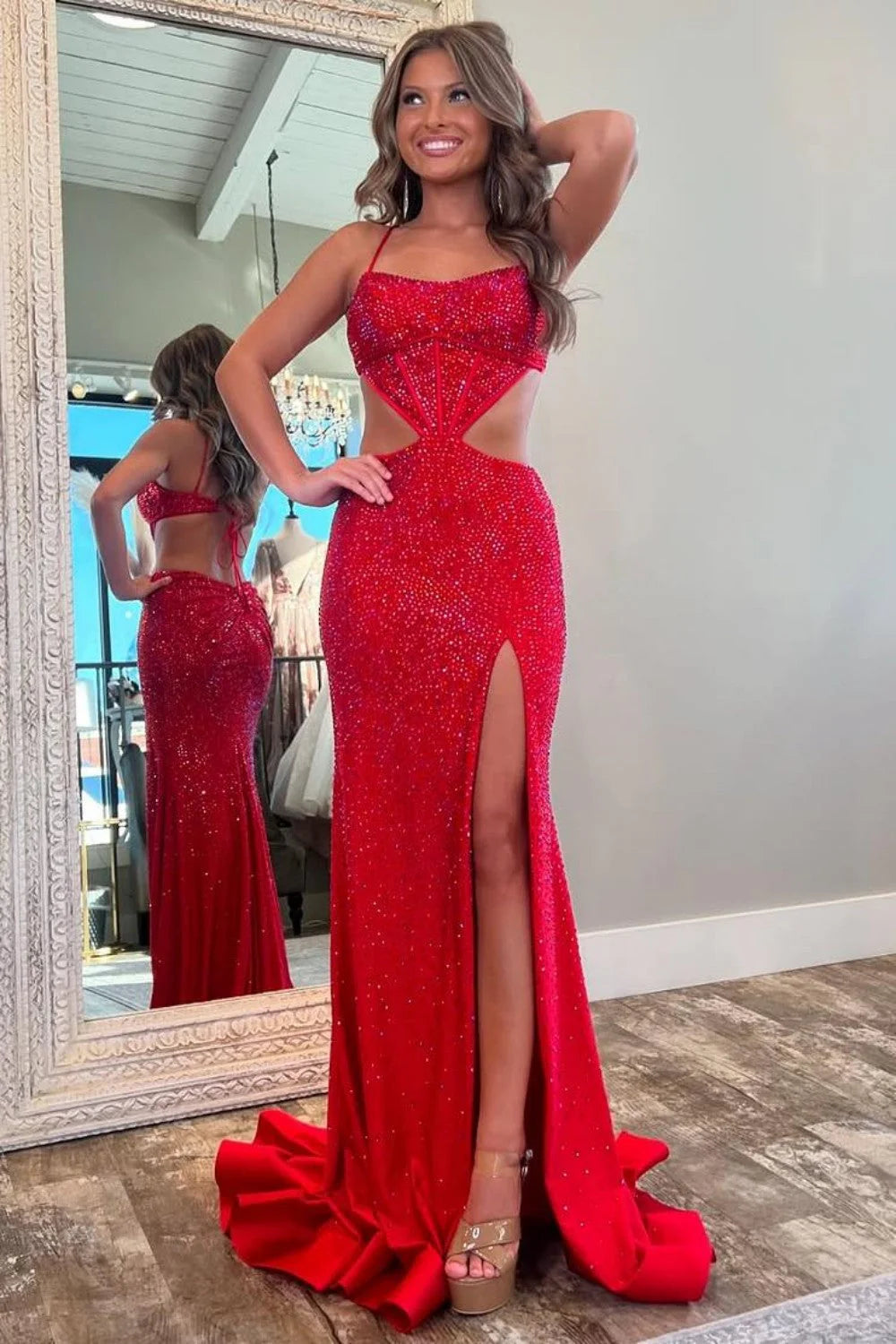 Stylish Mermaid Prom Dress With Glitter Fabric Spaghetti Straps And Waist Hollow Detail AD761