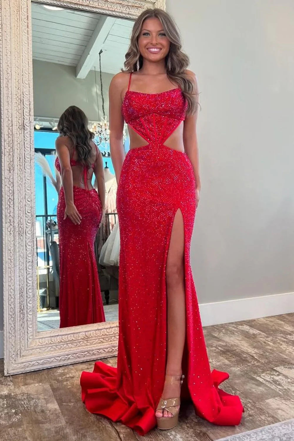 Stylish Mermaid Prom Dress With Glitter Fabric Spaghetti Straps And Waist Hollow Detail AD761