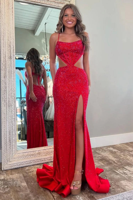 Stylish Mermaid Prom Dress With Glitter Fabric Spaghetti Straps And Waist Hollow Detail AD761