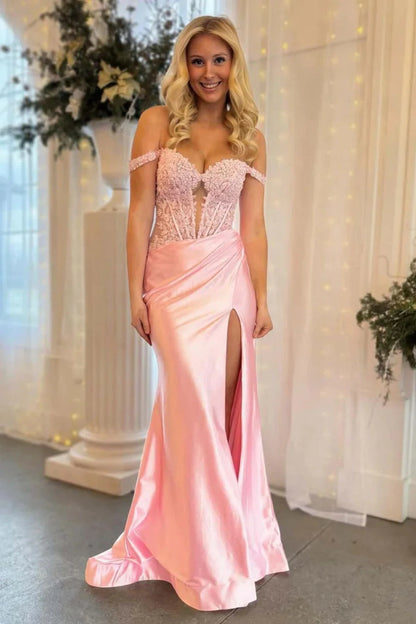 Light Pink Off The Shoulder Lace Top And Satin Skirt Prom Dress With Slit AD762