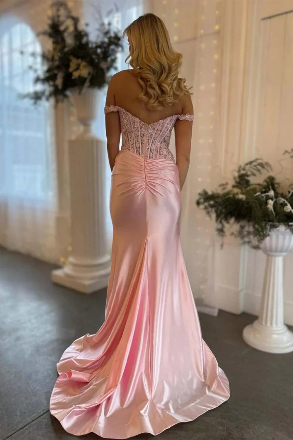 Light Pink Off The Shoulder Lace Top And Satin Skirt Prom Dress With Slit AD762