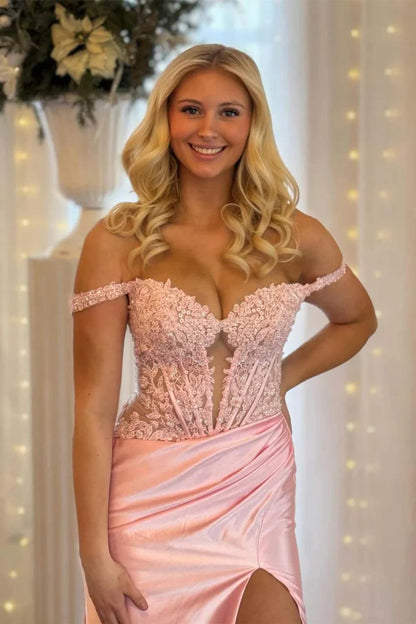 Light Pink Off The Shoulder Lace Top And Satin Skirt Prom Dress With Slit AD762