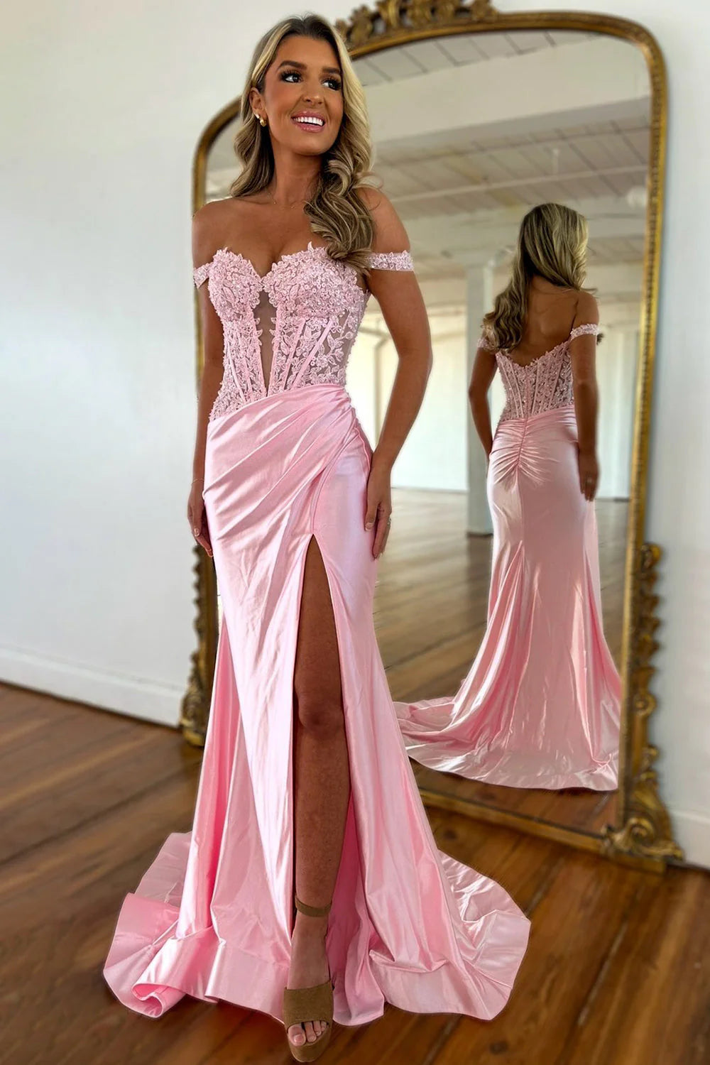 Light Pink Off The Shoulder Lace Top And Satin Skirt Prom Dress With Slit AD762