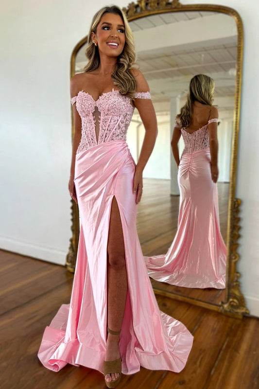 Light Pink Off The Shoulder Lace Top And Satin Skirt Prom Dress With Slit AD762