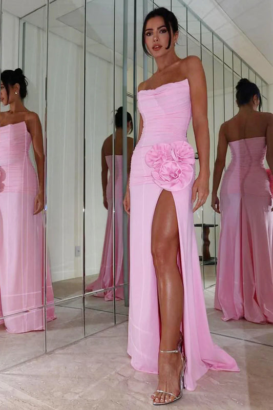 Chic Pink Satin Mermaid Prom Dress With Strapless Bodice Pleated Skirt And 3D Floral Accent AD763