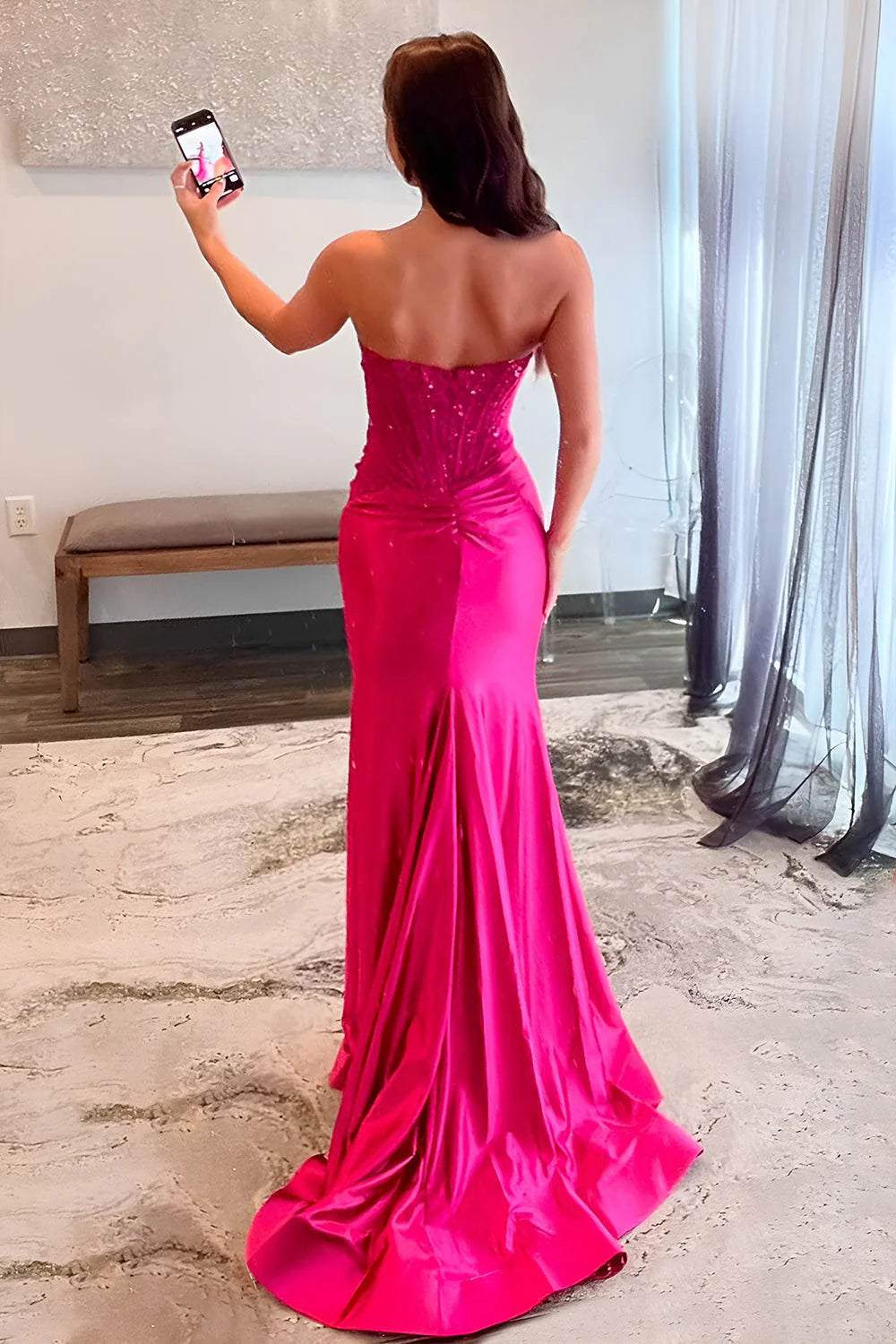 Charming Fuchsia Strapless Satin Mermaid Prom Dress With Beaded Lace Top And Slit AD765