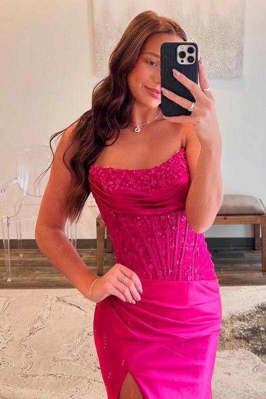 Charming Fuchsia Strapless Satin Mermaid Prom Dress With Beaded Lace Top And Slit AD765