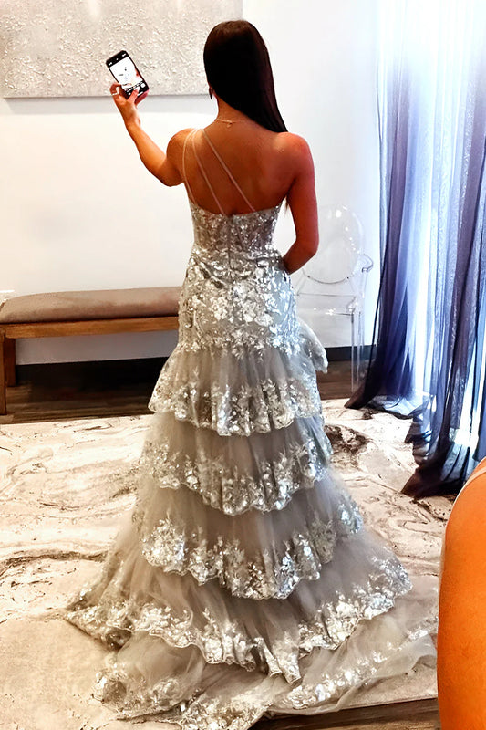 Gorgeous Grey One Shoulder Sequin Prom Dress With Long Ruffle Skirt And Slit AD766