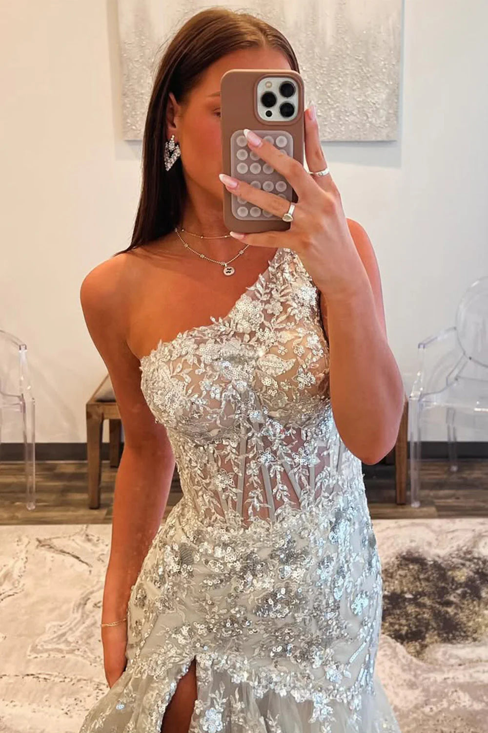 Gorgeous Grey One Shoulder Sequin Prom Dress With Long Ruffle Skirt And Slit AD766