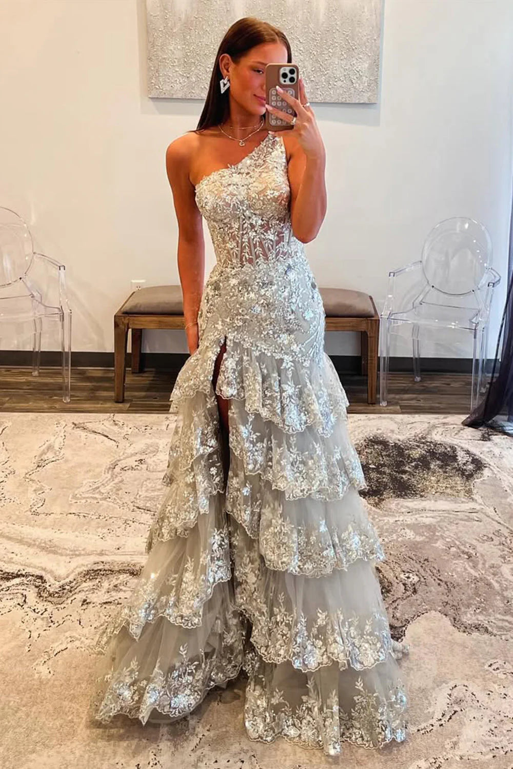 Gorgeous Grey One Shoulder Sequin Prom Dress With Long Ruffle Skirt And Slit AD766