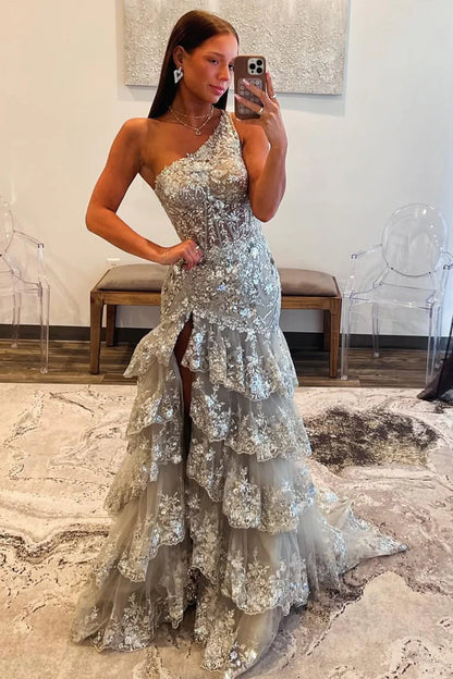 Gorgeous Grey One Shoulder Sequin Prom Dress With Long Ruffle Skirt And Slit AD766