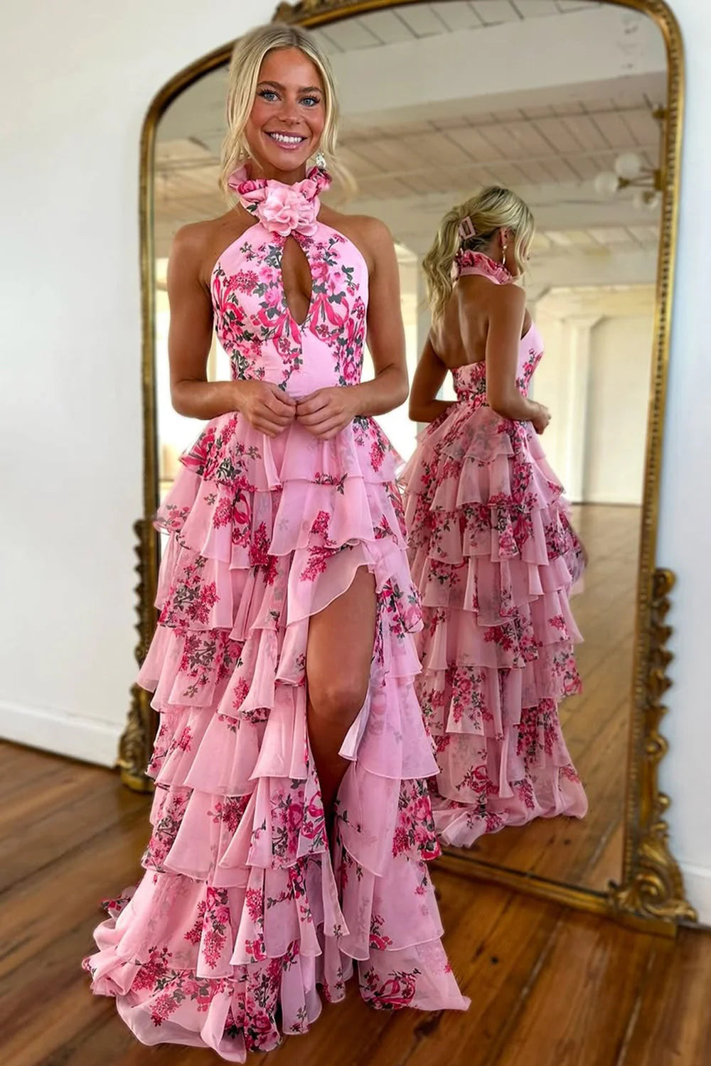 Lovely Pink 3D Flower Halter Neck A Line Prom Dress With Ruffle Printed Chiffon Skirt AD767