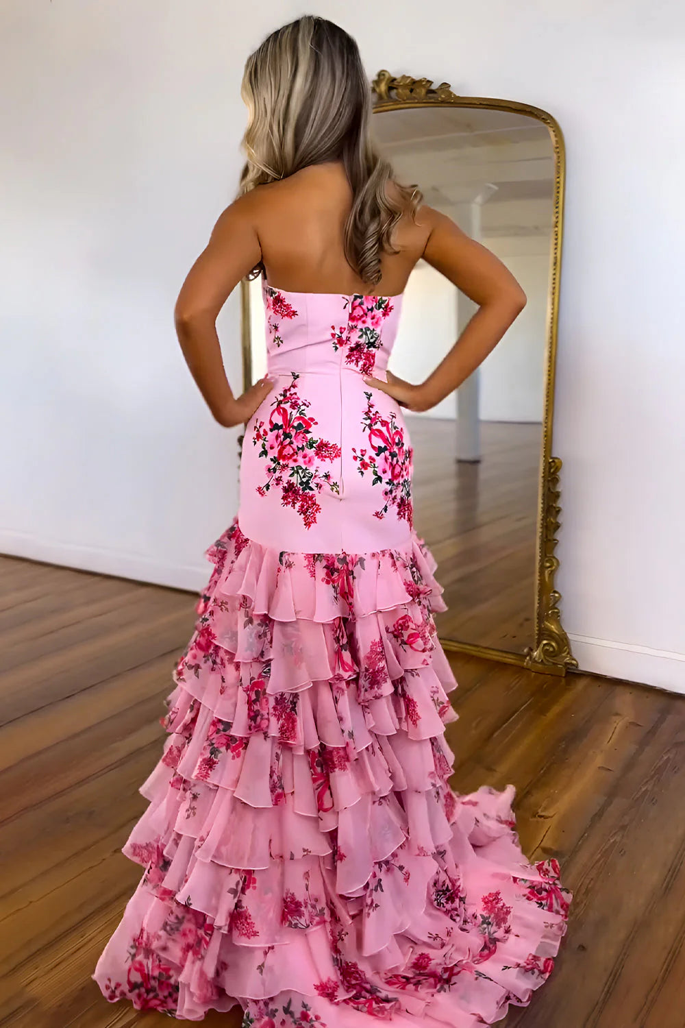 Pretty Pink Strapless Mermaid Prom Dress With Elegant Ruffle Printed Chiffon Skirt AD768