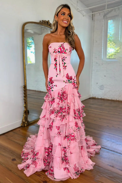 Pretty Pink Strapless Mermaid Prom Dress With Elegant Ruffle Printed Chiffon Skirt AD768