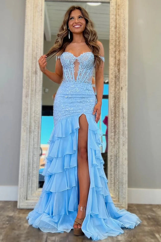Luxurious Light Blue Off Shoulder Prom Dress with Lace Up Back Ruffles and Appliques AD769
