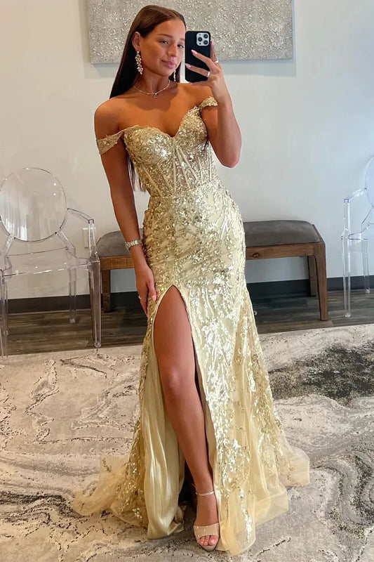 Golden Off The Shoulder Mermaid Prom Dress With Finish Slit And Sequined Appliques AD772