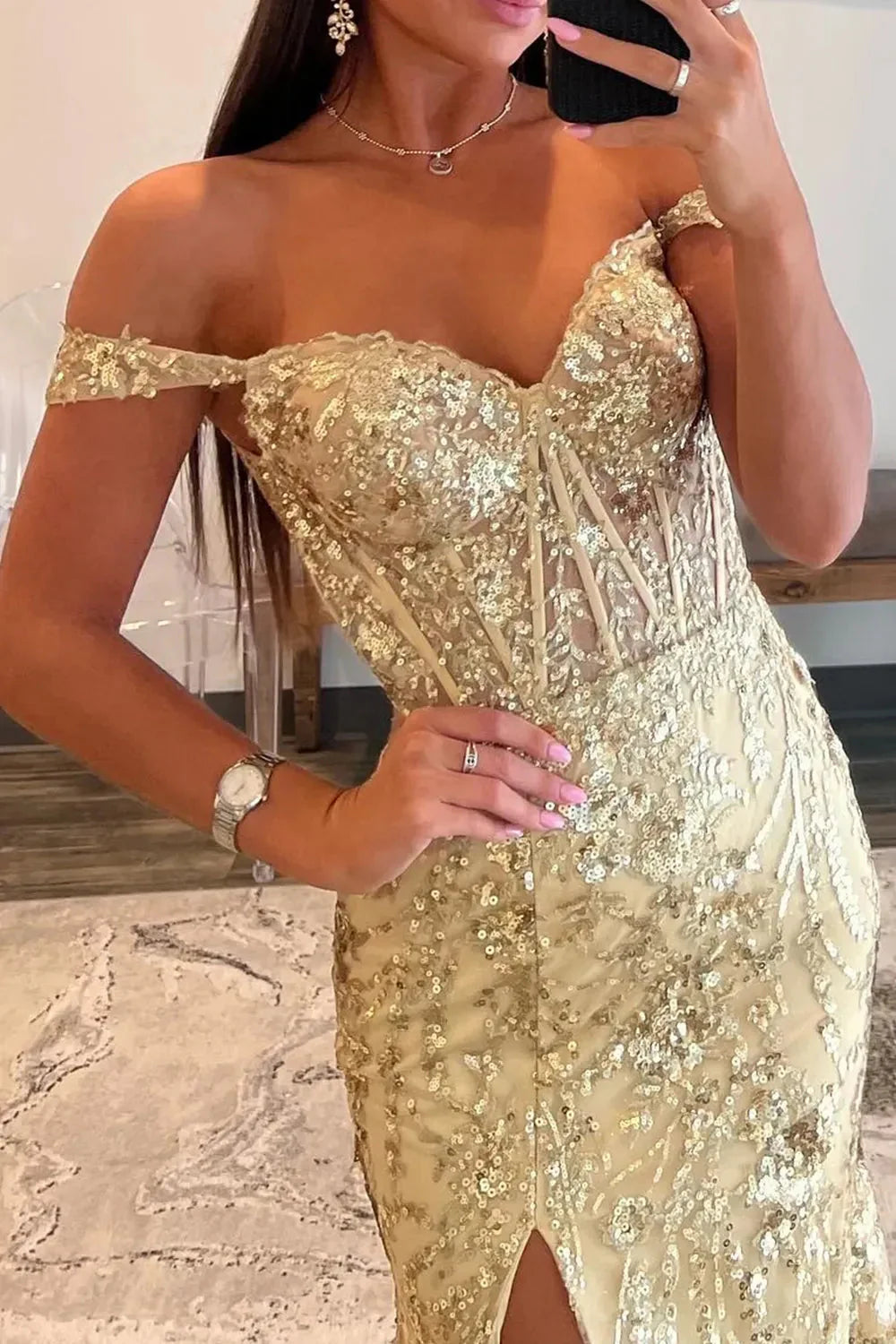 Golden Off The Shoulder Mermaid Prom Dress With Finish Slit And Sequined Appliques AD772