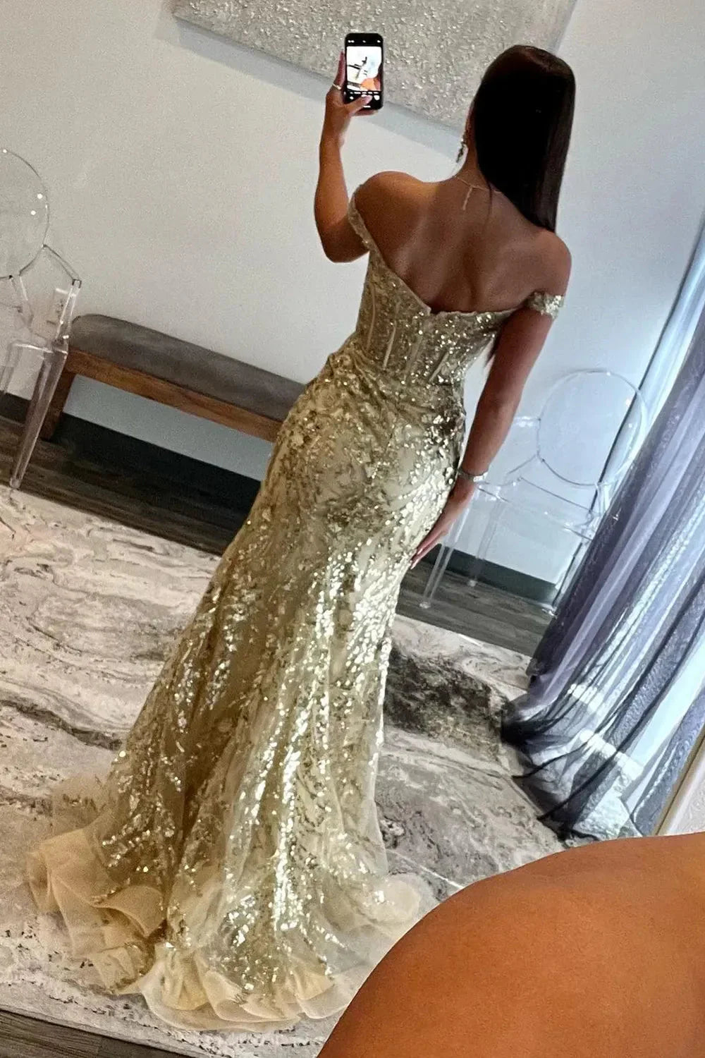 Golden Off The Shoulder Mermaid Prom Dress With Finish Slit And Sequined Appliques AD772