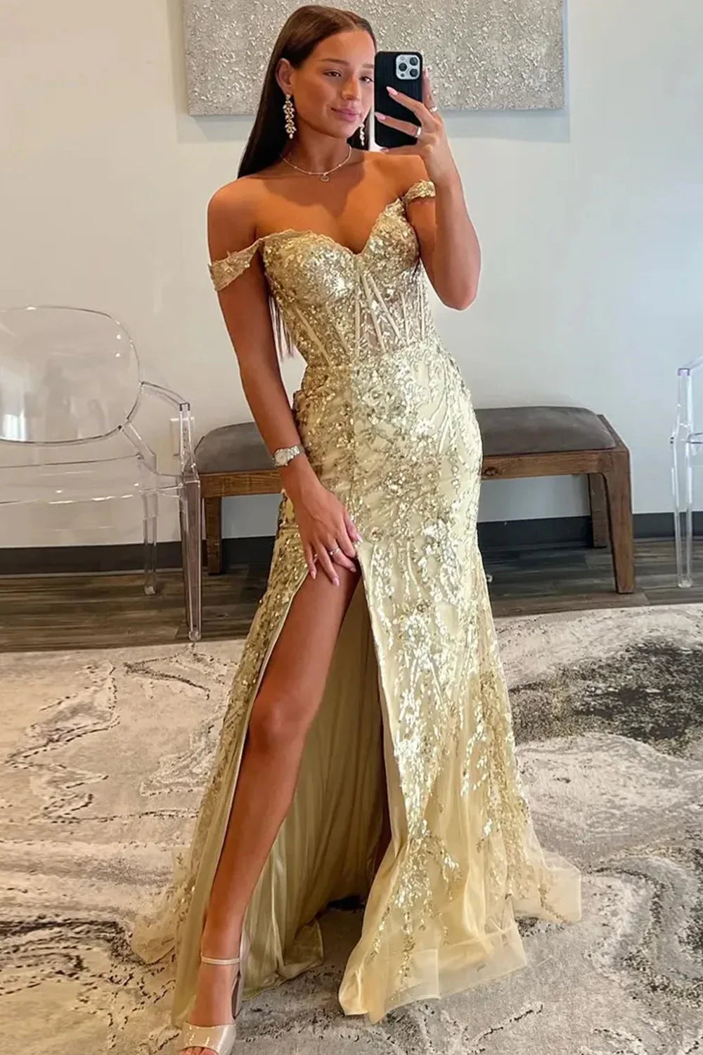 Golden Off The Shoulder Mermaid Prom Dress With Finish Slit And Sequined Appliques AD772
