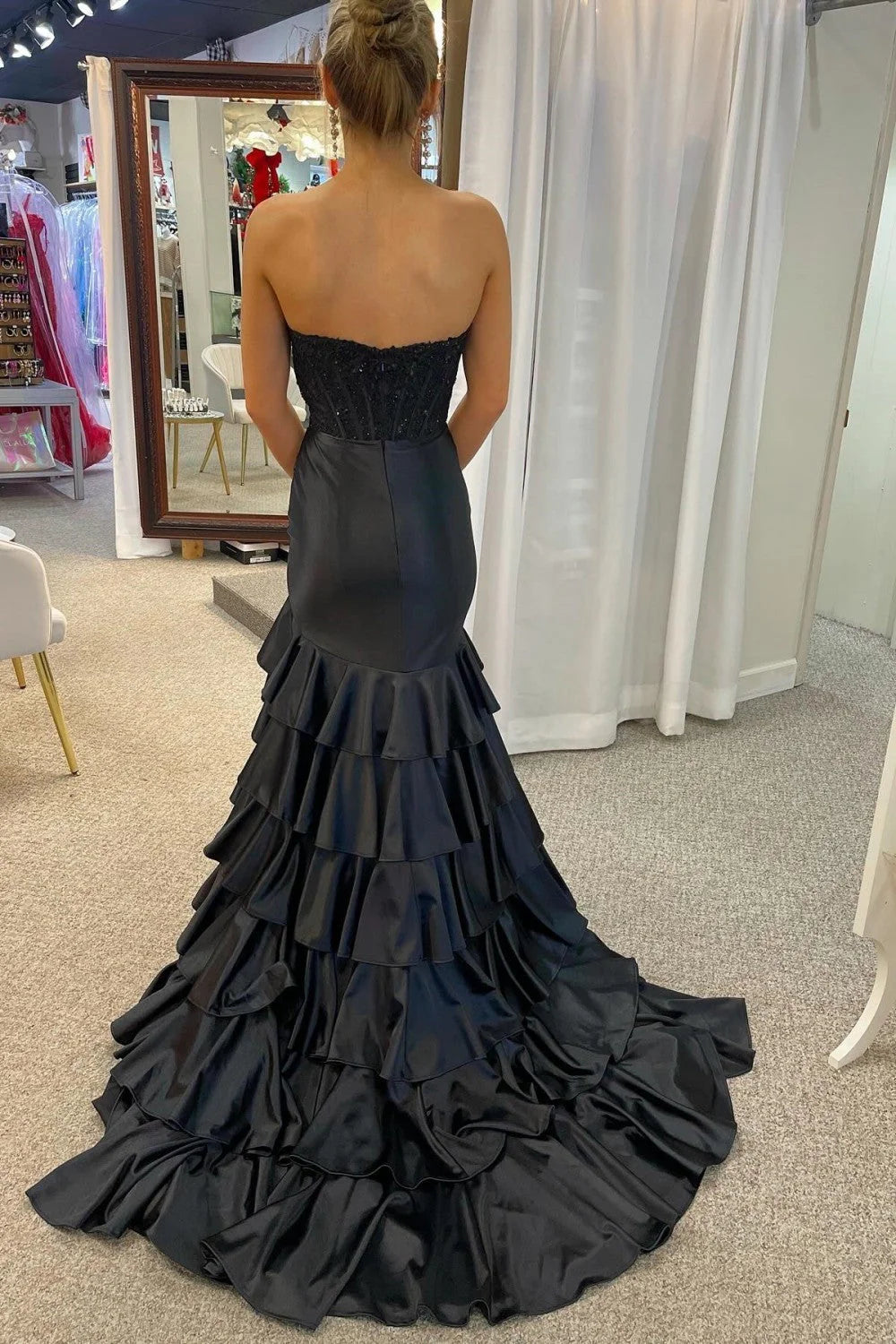 Chic Light Blue Strapless Mermaid Satin Bodice  Prom Dress With Ruffled Skirt AD773