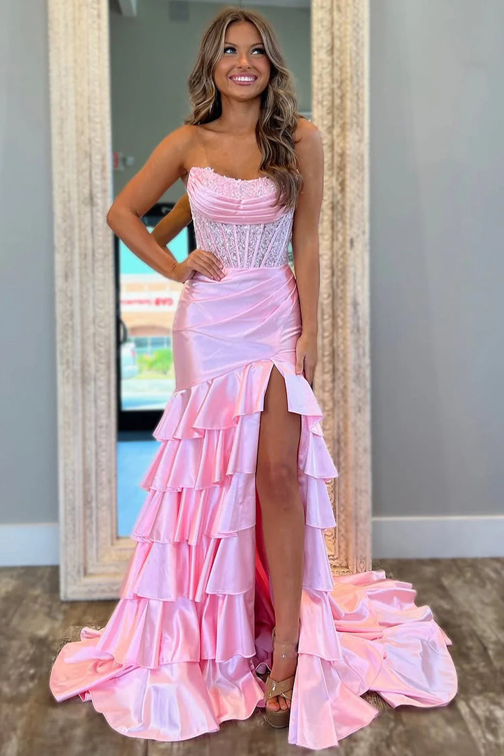 Chic Light Blue Strapless Mermaid Satin Bodice  Prom Dress With Ruffled Skirt AD773