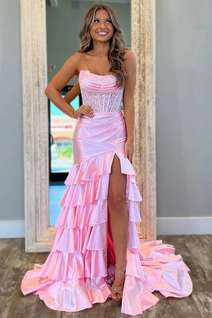 Chic Light Blue Strapless Mermaid Satin Bodice  Prom Dress With Ruffled Skirt AD773