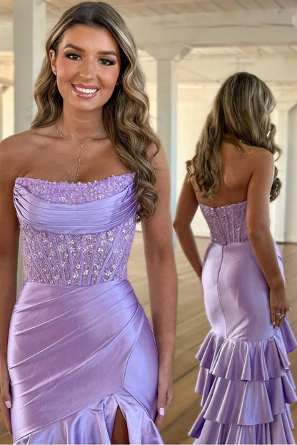 Chic Light Blue Strapless Mermaid Satin Bodice  Prom Dress With Ruffled Skirt AD773