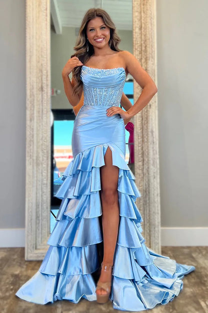 Chic Light Blue Strapless Mermaid Satin Bodice  Prom Dress With Ruffled Skirt AD773