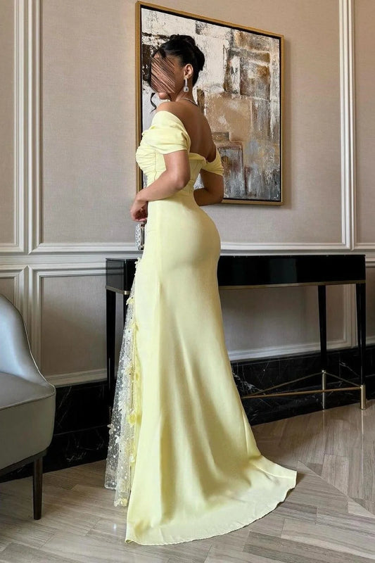 Trendy Mermaid Off The Shoulder Yellow Long Party Dress With Lace Split Front AD774