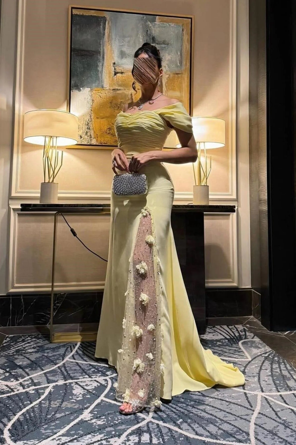 Trendy Mermaid Off The Shoulder Yellow Long Party Dress With Lace Split Front AD774