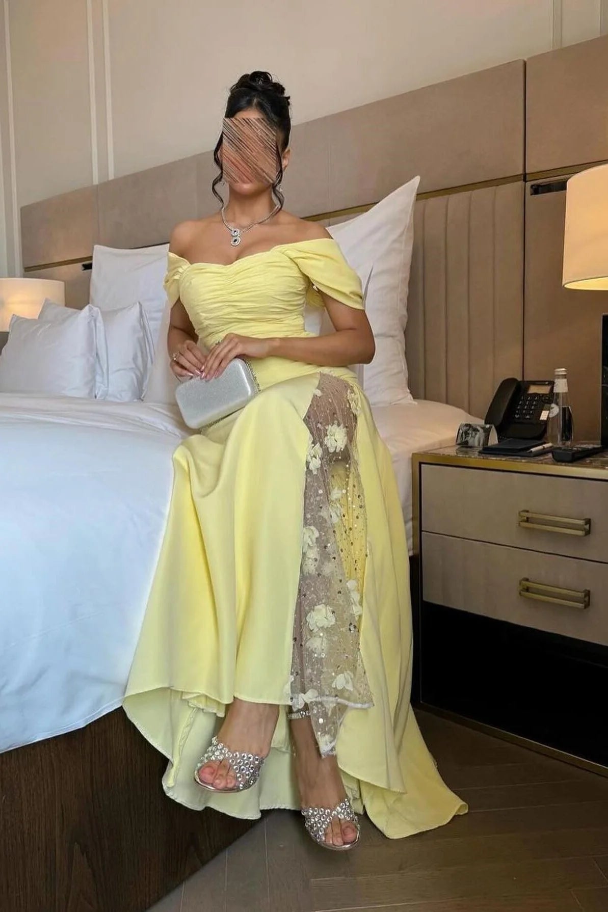 Trendy Mermaid Off The Shoulder Yellow Long Party Dress With Lace Split Front AD774